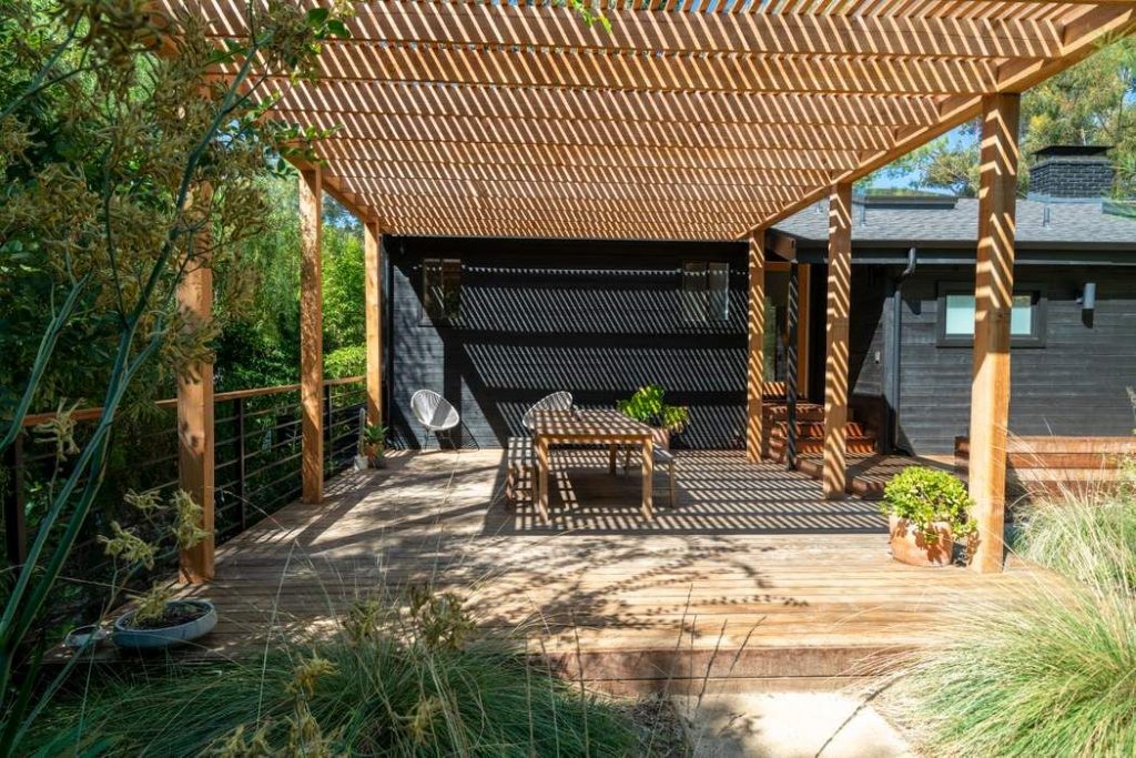 modern rustic Topanga Canyon home shaded patio